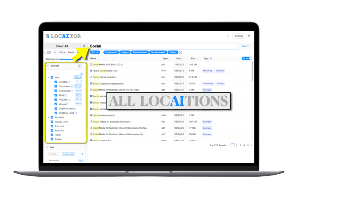 This image shows Locaitor's Results List when searching for files containing the word "social."