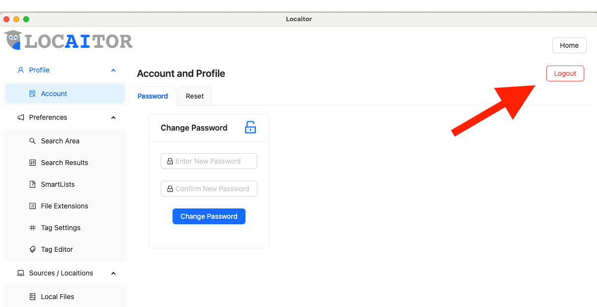 Image showing Locaitor’s red-outlined Logout button in the upper right area, immediately below the “Home” button.