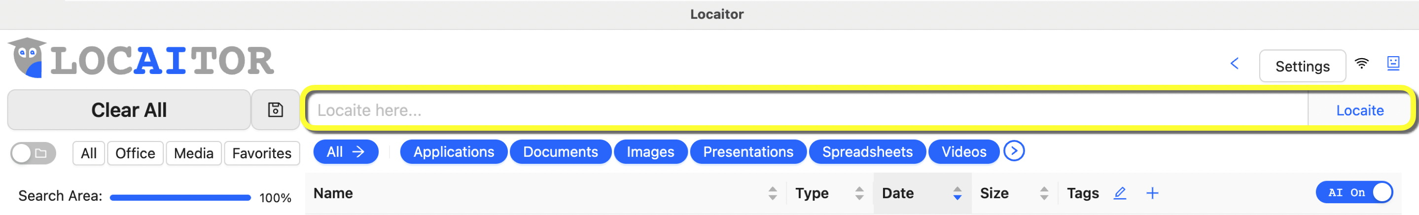 Image showing the top of Locaitor’s “Home” screen with the “Search here” field highlighted by a yellow rectangle. To its immediate left is Locaitor’s “Clear All” button. Below those items are two flavors of “SmartList” buttons for instant access to Office files, Media files, Favorites, Document files, Presentation files, Spreadsheet files, and more. Finally, below the SmartList buttons are column headers labeled “Name,” “Type,” “Date,” and “Size,” each with corresponding sort controls.