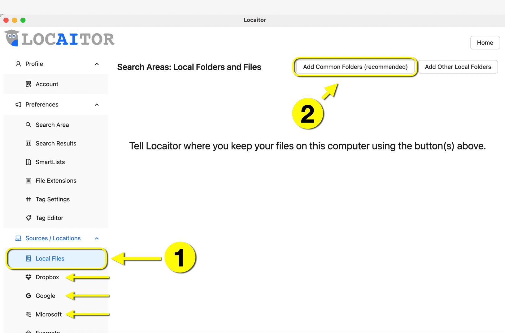 Image showing the Sources/Locaitions configuration screen where users can connect Locaitor to local files (e.g., folders on their hard drive, local external drives, memory sticks, etc.) and/or cloud files (including iCloud, Google Drive, Microsoft OneDrive, Dropbox, etc.).