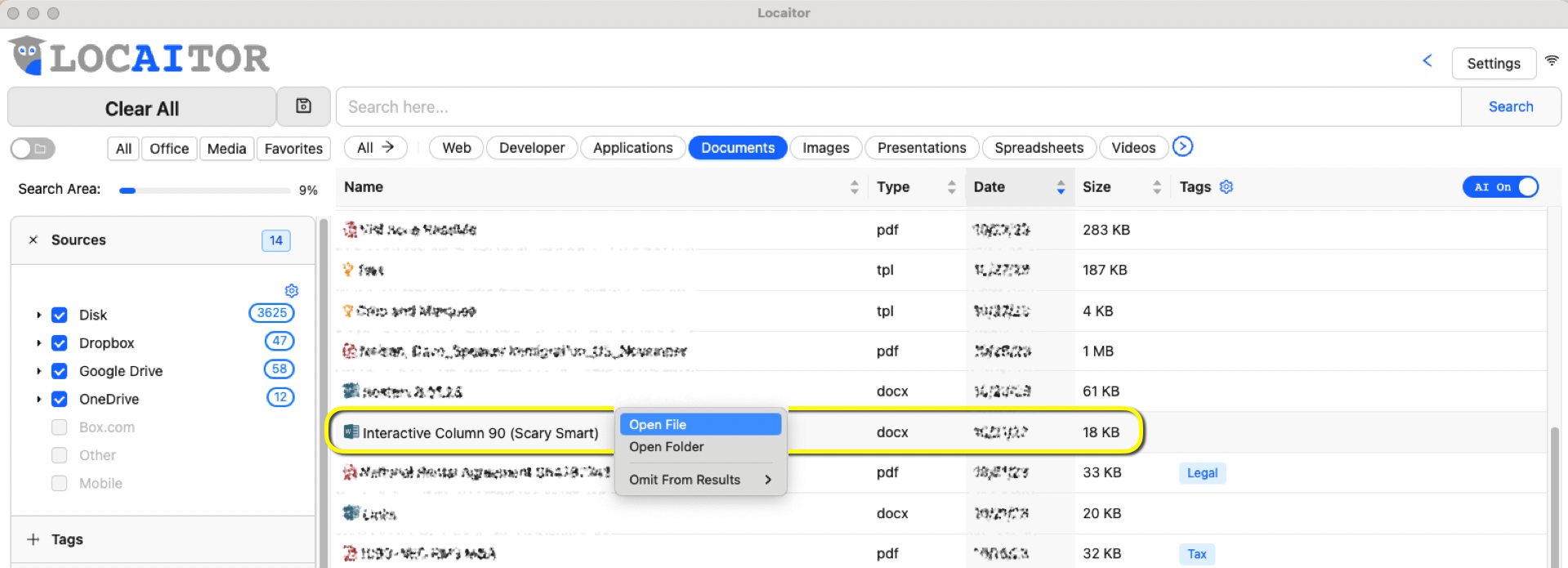 Image shows the context menu related to a selected file in Locaitor’s results list. “Open File” is highlighted but not yet selected. “Open Folder” is available as an alternative. 