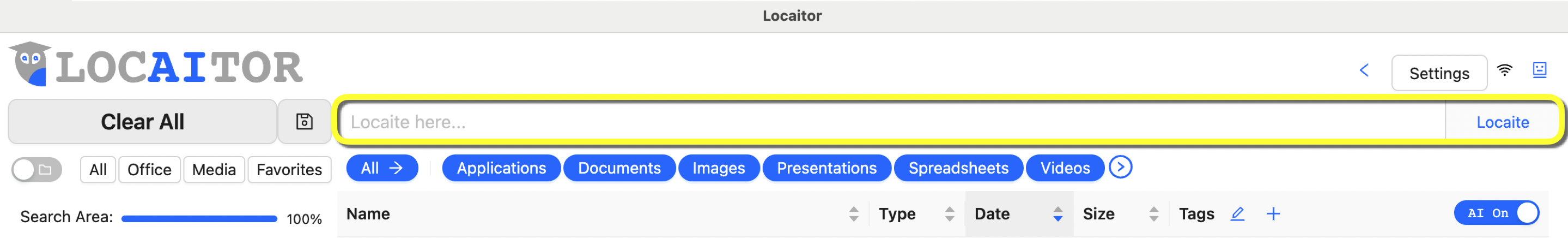 Locaitor - Locaite here... Image shows the top part of Locaitor’s main screen with the “Locaite here...” field highlighted by a yellow rectangle. To its immediate left is Locaitor’s “Clear” button. Below those items are two flavors of “SmartList” buttons for instant access to Office files, Media files, Favorites, Documents, Presentations, Spreadsheets, and more. Finally, below the SmartList buttons are column headers labeled “Name,” “Type,” “Date,” and “Size,” each with corresponding sort controls.
